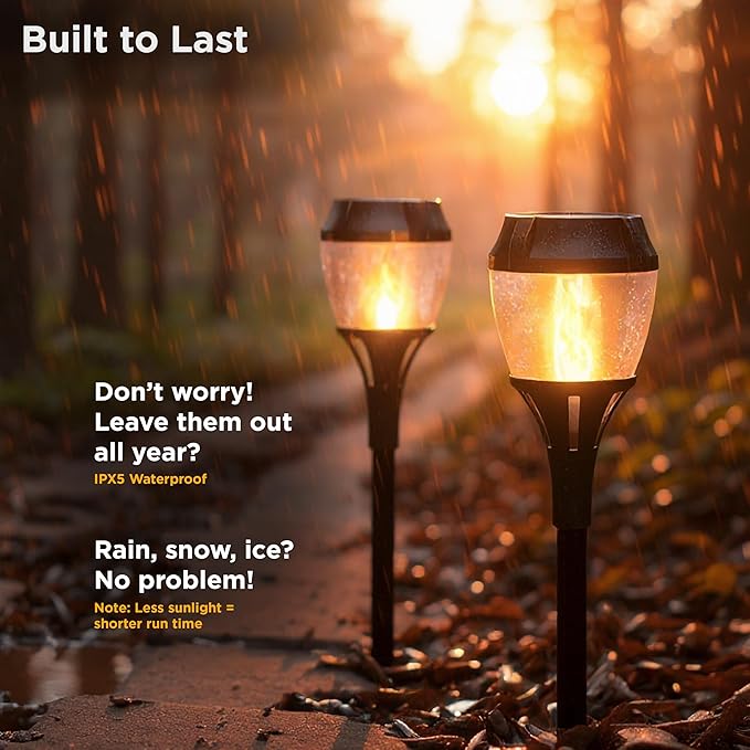 Solar Path Lights Outdoor Waterproof - Realistic Flickering LED Flame, IP65 Pathway Lights Solar Powered Warm Light for Garden and Walkways, Ground Stake Included for Easy Setup (1 Pack)