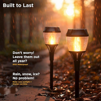 Solar Path Lights Outdoor Waterproof - Realistic Flickering LED Flame, IP65 Pathway Lights Solar Powered Warm Light for Garden and Walkways, Ground Stake Included for Easy Setup (2 Pack)