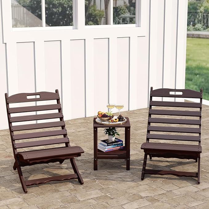 GREENVINES 3 Pieces Patio Furniture Set | Outdoor Bistro Sets for 2 | HDPE Wood Grain | Folding-Adirondack-Chairs-with-Side-Table | All Weather | Xavier Chair | for Porch Deck Poolside | Dark Brown