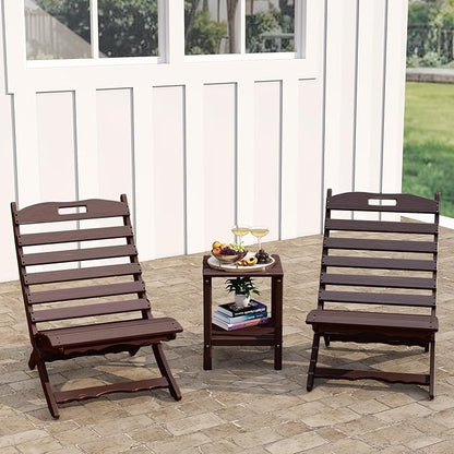 GREENVINES 3 Pieces Patio Furniture Set | Outdoor Bistro Sets for 2 | HDPE Wood Grain | Folding-Adirondack-Chairs-with-Side-Table | All Weather | Xavier Chair | for Porch Deck Poolside | Dark Brown