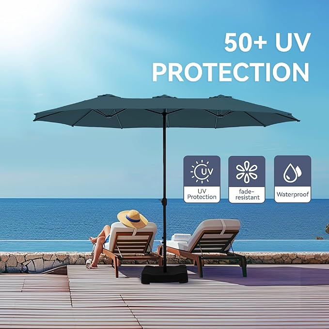 GREEN PARTY 15 ft Rectangle Patio Umbrella with Base Included, Double-Sided Table Umbrella with Crank, Large Outdoor Umbrellas for Patio Poolside Garden Backyard, Cerulean