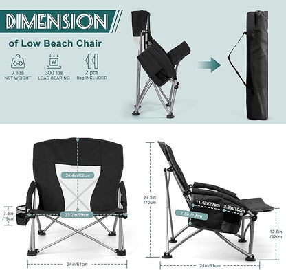 HaSteeL Low Beach Chairs for Adults, Lightweight Camping Folding Chair with Carrying Bag, Portable for Outdoors Lawn Backyard Patio RV Trip Fishing Sport Tailgating, Support 300LBS, Black, 2 Pack