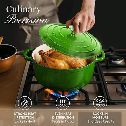 Cast Iron Dutch Oven with Lid-Non-Stick Ovenproof Enamelled Casserole Pot - Sturdy Dutch Oven Cookware - Green, 7.3- Quart, 30cm- by Nuovva