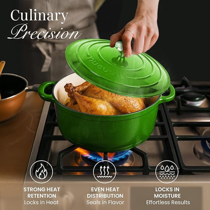 Cast Iron Dutch Oven with Lid - Non-Stick Ovenproof Enamelled Casserole Pot- Sturdy Dutch Oven Cookware - Green, 3.1- Quart, 22cm-by Nuovva