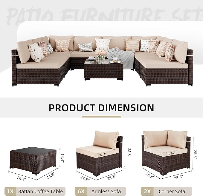 UPHA 9 Pieces Patio Furniture Sets Outdoor Sectional Sofa Wicker Conversation Couch for Decks, Backyards, Gardens, Brown Rattan, Beige Cushion