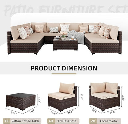UPHA 9 Pieces Patio Furniture Sets Outdoor Sectional Sofa Wicker Conversation Couch for Decks, Backyards, Gardens, Brown Rattan, Beige Cushion