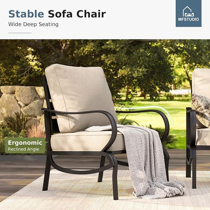 MFSTUDIO 7 Pieces Metal Patio Furniture Sets, 2 Swivel Chairs, 3-Seat Deep Seating Sofa, 2 Single Couch and 2 Ottoman, All Weather 9 Seats Outdoor Conversation Set for Garden Backyard，Beige Cushion
