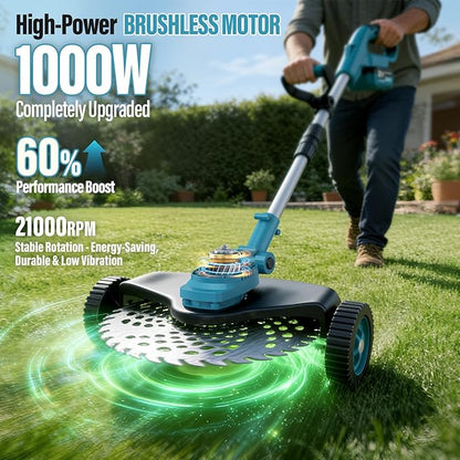 Electric String Trimmer Cordless with Wheel, 1000W Battery Powered Weed Wacker, 2x4.0Ah Batteries, Adjustable Length, 4‑in‑1 Lightweight Grass Trimmer/Brush Cutter/Weed Trimmer/Edger Tool