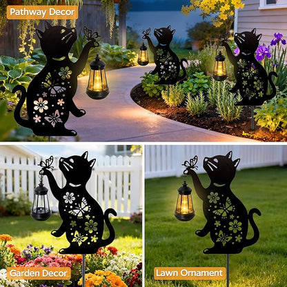 Cat Outdoor Solar Lantern Waterproof, Birthday Gifts for Christmas Women Mom, Solar Hanging Lights with Butterfly, Black Cat Metal Figurine Garden Decor Patio Yard Pathway Backyard Ornaments, 2 Pack