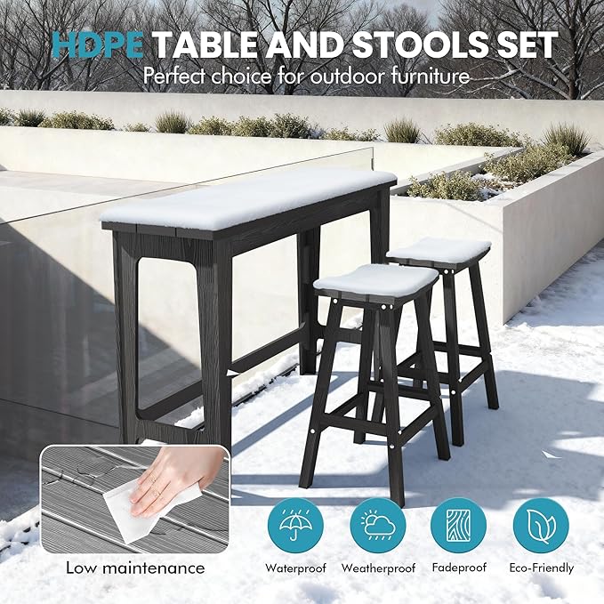 Ciokea Heavy-Duty Outdoor Bar Set, Rectangle High Top Table and 2 Pcs 29" Stools Set, HDPE Modern Patio Bar Set for Outside Bistro Backyard Balcony Deck Outside, Black
