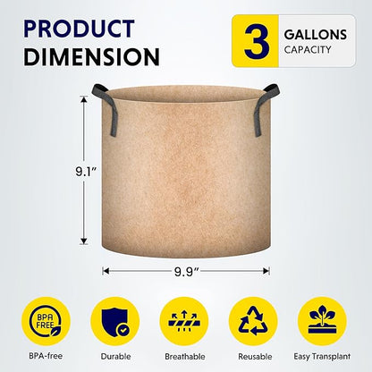iPower 5-Pack 3 Gallon Plant Grow Bags Thickened Nonwoven Aeration Fabric Pots Heavy Duty Durable Container, Strap Handles for Garden, Tan