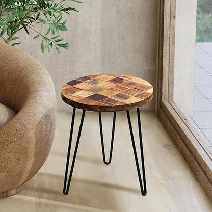 Wood Multi Color Side Table 17.5" x 17.5" x 20" H Reclaimed Vintage Round Accent Coffee Table Wooden Rustic Outdoor Patio End Tables Plant Stand Living Room Bedroom