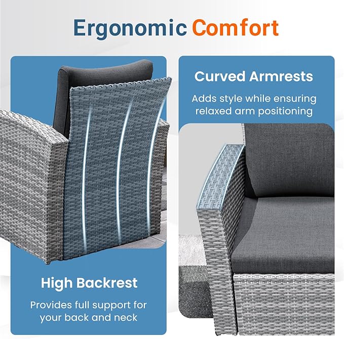 Wisteria Lane 4 Piece Patio Furniture Set, Wicker Outdoor Patio Conversation Furniture Set, All Weather Outdoor Patio Sofa with Cushion and Glass Table, Dark Grey
