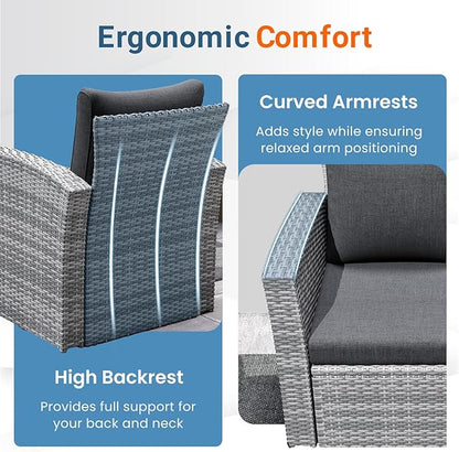 Wisteria Lane 4 Piece Patio Furniture Set, Wicker Outdoor Patio Conversation Furniture Set, All Weather Outdoor Patio Sofa with Cushion and Glass Table, Dark Grey