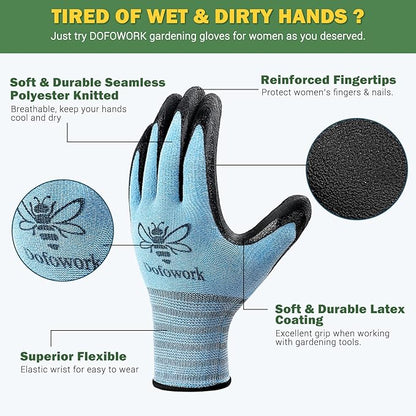 DOFOWORK Gardening Gloves - 6 Pair Gardening Gloves for Women/Men, Breathable Natural Latex Garden Gloves with Grip
