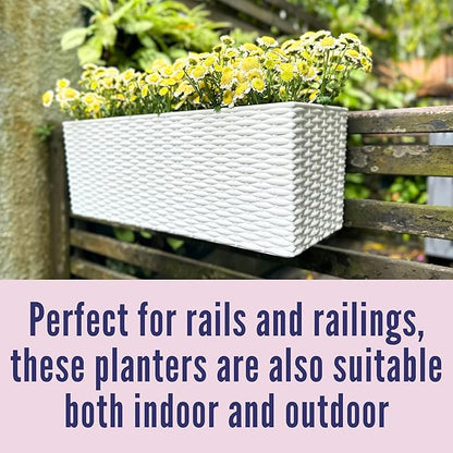 LaLaGreen Outdoor Rail Planter for Balcony (20 Inch, 2 Pack) Large White Self Watering Railing Planters with Brackets, Rectangular Plastic Fence Modern Window Boxes Designer Choice with Rattan Pattern