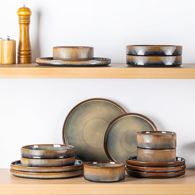 TheTerra Ceramic Dinnerware Sets for 4, 16 Pieces Porcelain Lightweight Plates and Bowls Sets, Scratch Resistant Dish Set, Oven & Microwave & Dishwasher Safe, Coca Mocha