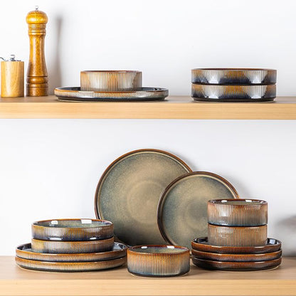 TheTerra Ceramic Dinnerware Sets for 4, 16 Pieces Porcelain Lightweight Plates and Bowls Sets, Scratch Resistant Dish Set, Oven & Microwave & Dishwasher Safe, Coca Mocha