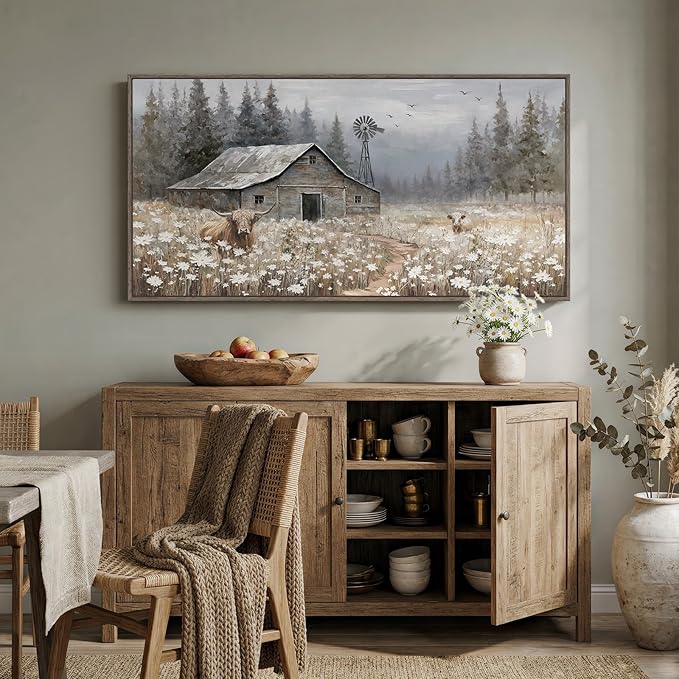 Large Framed Farmhouse Wall Art for Living Room, Vintage Rustic Landscape Horizontal Canvas Print, Retro Country Highland Cow Barn Wall Decor for Bedroom Dining Room Hallway 30x60 Inch