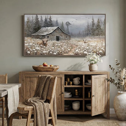 Large Framed Farmhouse Wall Art for Living Room, Vintage Rustic Landscape Horizontal Canvas Print, Retro Country Highland Cow Barn Wall Decor for Bedroom Dining Room Hallway 30x60 Inch