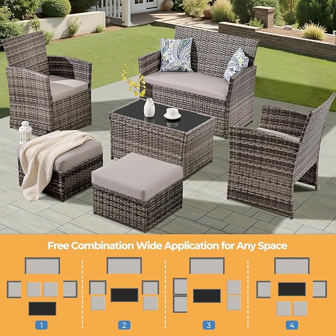 FHFO 6 Pieces Outdoor Patio Furniture Set, Wicker Sectional Sofa Patio Conversation Set Couch with Ottomans Rattan Chair and Table for Garden, Yard,Gray-Gray