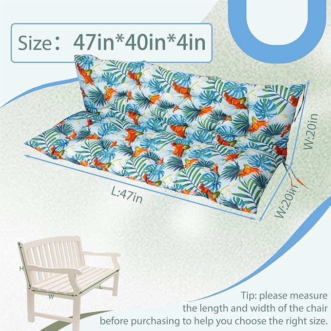 2/3 Seater Swing Replacement Cushion, Waterproof Porch Swing Cushions with Backrest, Thickened Bench Cushions for Outdoor Furniture, for Outdoor Patio Swing (Summer, 47 * 40 in)