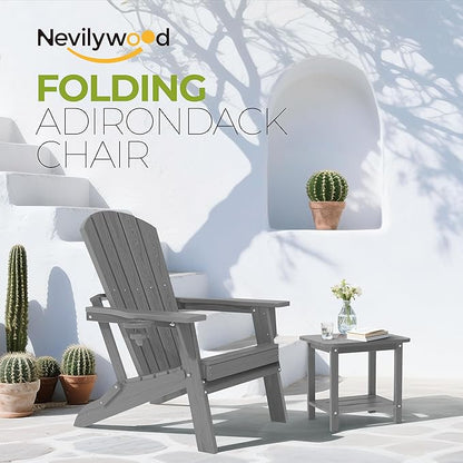 nevilywood Folding Adirondack Chair with Cup Holder Set of 4, HDPE Patio Chairs,All-Weather Outdoor Chairs for Backyard, Deck,Fire Pit-Grey