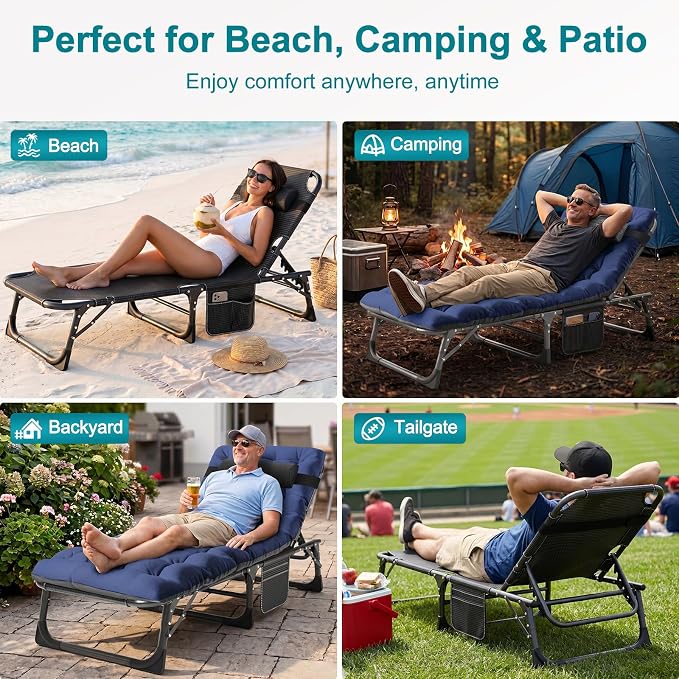 ABORON Tanning Chairs, 2 Pack, 5-Position Padded Folding Loungers | Set of 2 folding chaise lounges with 5-position backs, padded mats and pillows; supports up to 500 lb per chair.