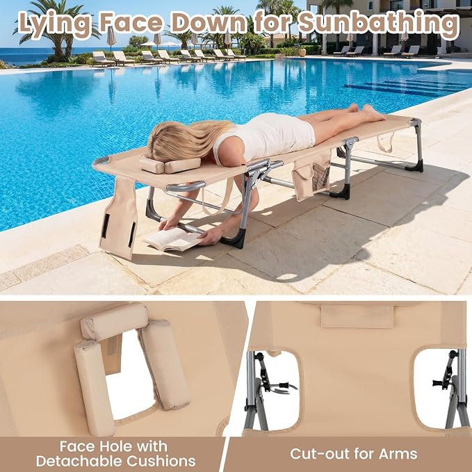 Goplus Tanning Chair, Folding Adjustable Patio Lounge Chair with Face Hole, Removable Pillow, 330LBS, Carry Strap, Outdoor Sunbathing Chair, Lightweight Portable Beach Lounge Chair, No Assembly
