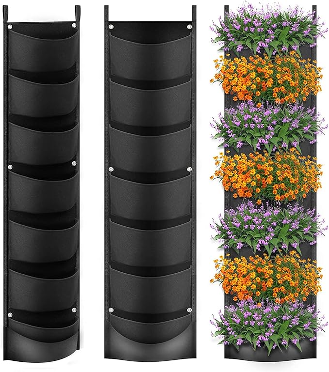 iPower 2-Pack Hanging Vertical Wall Planter 7 Pockets Upgraded Deeper Waterproof Herb Flower Growing Pouch Felt Cloth, for Yard Garden Fence Home, Balcony Office Decoration