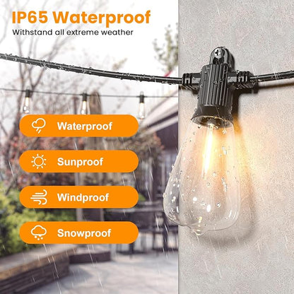 ZOTOYI Outdoor String Lights，50FT Patio Lights with 27 Vintage Edison Bulbs (2 Spare)，ST38 Waterproof Outside Hanging Light for Backyard, Bistro, Cafe, Gazebo, Porch Decor, Dimmable 2700K