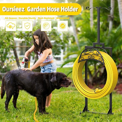 Garden Hose Holder with Shepherds Hooks - Freestanding Metal Water Hose Holder Stand Holds 150ft, Heavy Duty Garden Hoses Hanger Storage Rack for Outside Yard Lawn Farm