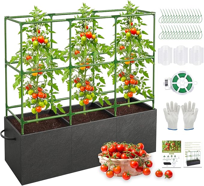 51x17x49 Inch Garden Tomato Cages Planter with 46 Gallon Grow Bags, Square Plant Support Trellis,for Vertical Climbing Plants Vegetables Fruits Flowers Outdoor Gardening Supplies