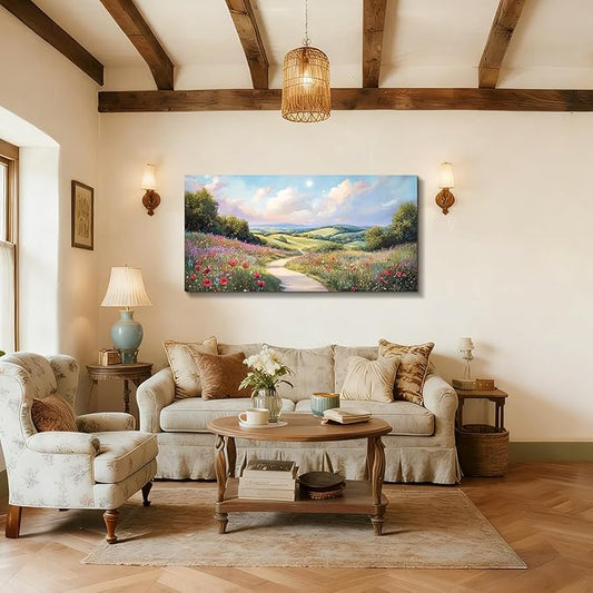 SERIMINO Oversized Wall Art, Landscape Wall Art, Rustic Green Scenic Decor, Spring Wildflowers Picture Prints, Hillside Grassland Paintings for Living Room Bedroom Dining Room Hallway Farmhouse Hotel 29"x57"
