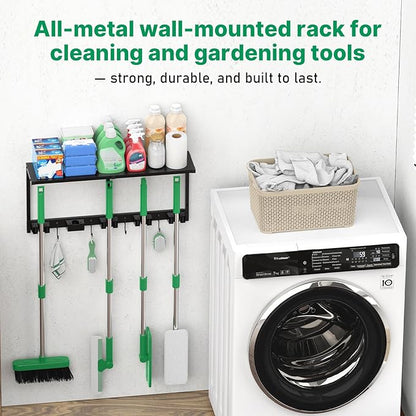 CCCEI Broom and Mop Wall Mount with Shelf, Laundry Room Cleaning Tools Organization Hanging Rack with Hooks, Bathroom, Garage, Garden Organizers and Storage. All Metal, Black, 1 Pack.