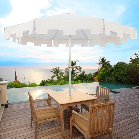 JONATHAN Y UMB1000B Baiona 9 ft. Classic MidCentury Market Patio Umbrella with UV Protection, Auto-Tilt, Crank and Wind Vent in White/Cream