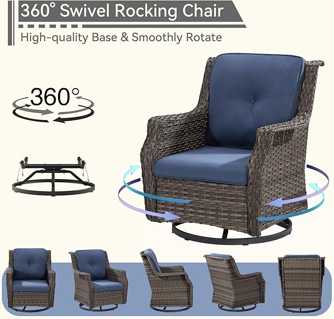 Swivel Patio Chair Outdoors - 360 Degree, Set of 2, Glider Chair with 3.5" Olefin Fabric Cushions (Mixed Grey Rattan/Navy)