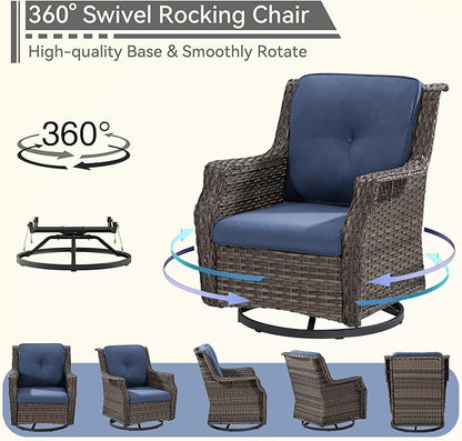 Swivel Patio Chair Outdoors - 360 Degree, Set of 2, Glider Chair with 3.5" Olefin Fabric Cushions (Mixed Grey Rattan/Navy)
