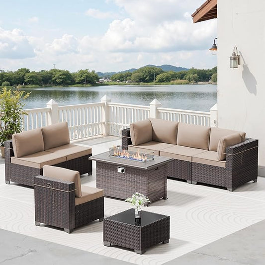 8 Pieces Outdoor Patio Furniture Set with 43" 55000BTU Gas Propane Fire Pit Table, PE Wicker Rattan Outdoor Sectional Patio Set, Outdoor Patio Conversation Set, Khaki