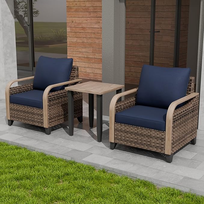 Modern Wicker Bistro Table and Chairs Set, Rattan Outdoor Bistro Set for Patio, Wicker Patio Chairs & Table, 3 Pieces, Brown/Blue