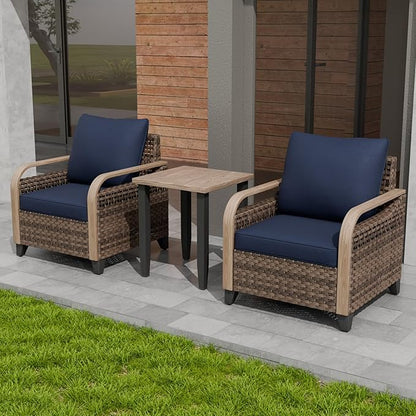 Modern Wicker Bistro Table and Chairs Set, Rattan Outdoor Bistro Set for Patio, Wicker Patio Chairs & Table, 3 Pieces, Brown/Blue