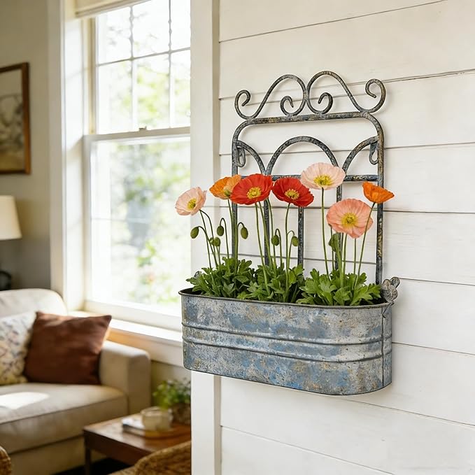 Rustic Metal Wall Planter Country Garden Wall Hanging Mount Vase Pocket Outdoor Vintage Hanging Pot Farmhouse Wall Decor for Plants Flowers (Blue)