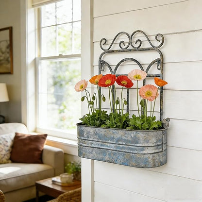 Rustic Metal Wall Planter Country Garden Wall Hanging Mount Vase Pocket Outdoor Vintage Hanging Pot Farmhouse Wall Decor for Plants Flowers (Blue)