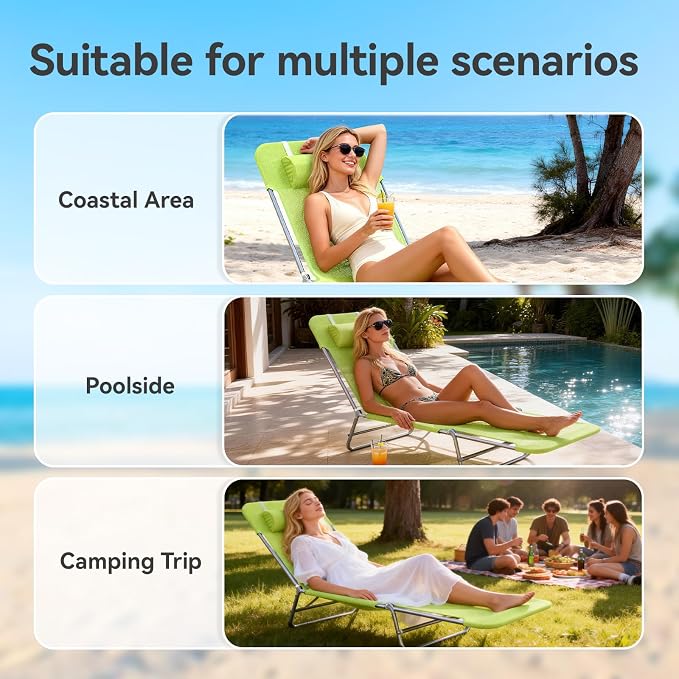 Outdoor Chaise Lounge with Detachable Pillow, Reclining Folding Chair with 5-Position Adjustable Back, Portable Tanning Chair for Beach, Pool, Lawn, Breathable Mesh Seat, No Assembly