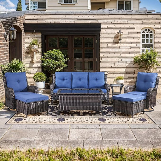 Wicker Patio Furniture-7 Pieces Rattan Patio Furniture Set Outdoor Patio Couch with Swivel Patio Chairs Ottomans and Coffee Table for Deck Poolside Backyard-Brown/Blue
