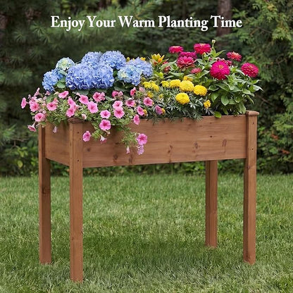 DUMOS Raised Garden Bed with Legs, 48x24x30 Inch Planter Box Outdoor with Liner for Herbs Flowers Vegetables, Elevated Wooden Garden Bed for Patio, Balcony and Backyard, Brown