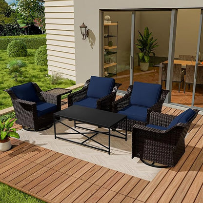 Vista Vibe 6 Pieces Outdoor Rattan Patio Conversation Furniture Set - 360 Degree Swivel Glider Rocker Chairs | Coffee Table | 2 Wicker Chairs, Washable Cushions, Terrace, Sunroom (Brown/Navy)
