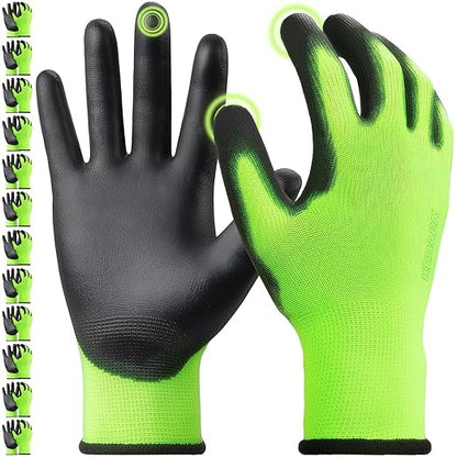 Kebada W1 Work Gloves for Men and Women, PU Coated Safety Gloves with Grip, Touchscreen, Ideal for Warehouse Package Handling, Construction, Gardening, Green Large