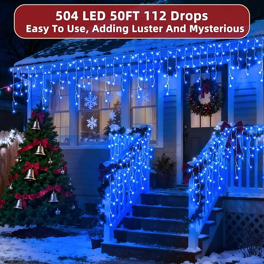 504 LED Christmas Lights Outdoor 50FT with 112 Drops, Christmas Decorations Hanging Lights 12 Modes, Dimmable Outsite Fairy String Lights for Wedding Party Holiday Winter Wonderland Decor Blue
