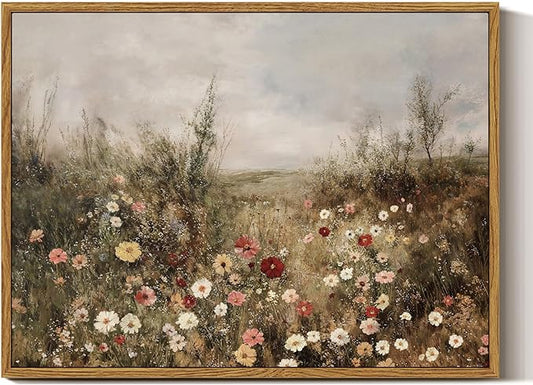 InSimSea Framed Canvas Prints Art Vintage Decor, Classical Wildflower Field Meadow with Flowers Painting, Rustic Landscape Wall Art for Living Room Bedroom Home Bathroom Wall Decor, 12x16inch
